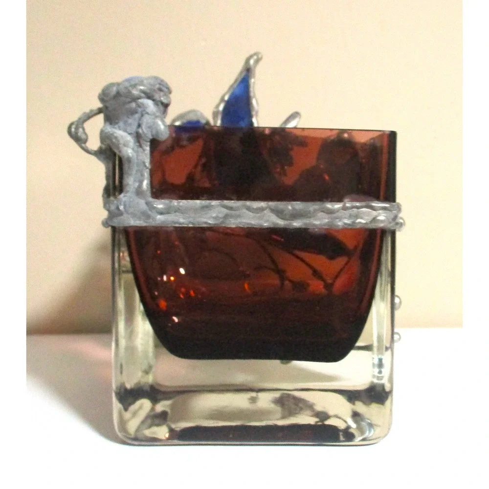 Art Glass Fairy Votive Holder Pewter Metal Moon Amethyst Hummingbird Whimsical